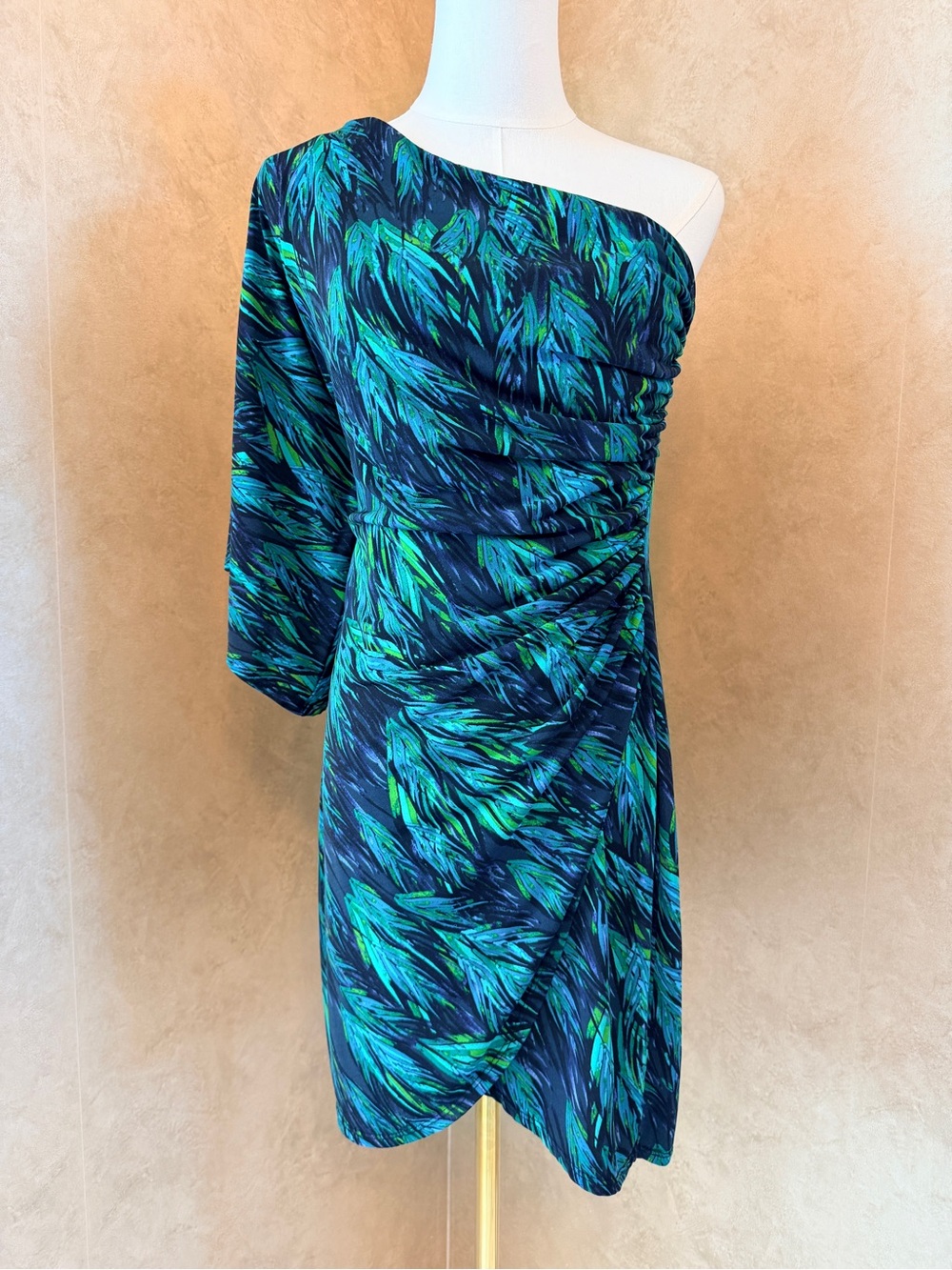 Bisou Bisou One-Shoulder Peacock Patterned Dress
